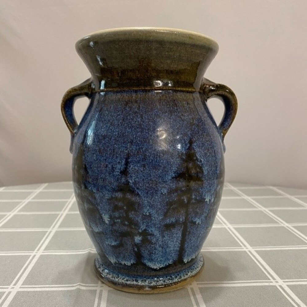 Studio Art Blue & Green Glaze Pottery Jug Vase Urn Crock 2 Handles Trees Signed